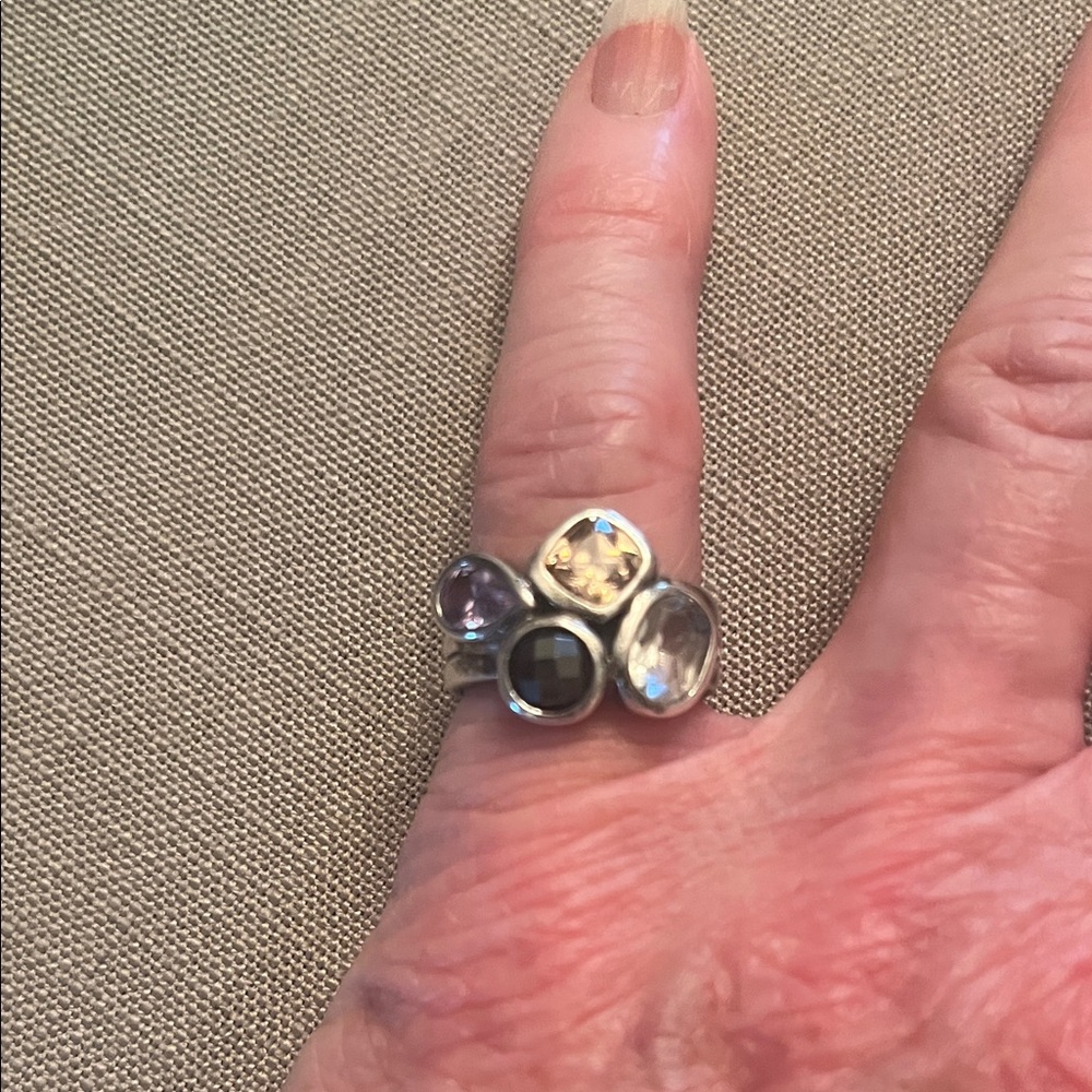 Multi-Stone Silver Cocktail Ring - Clear, Black, … - image 1